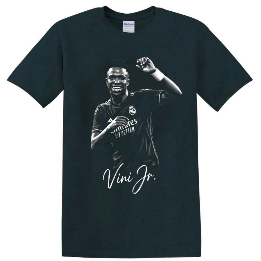 Vinícius Júnior Real Madrid monochrome celebration portrait with signature script on a Midnight (Green) T Shirt