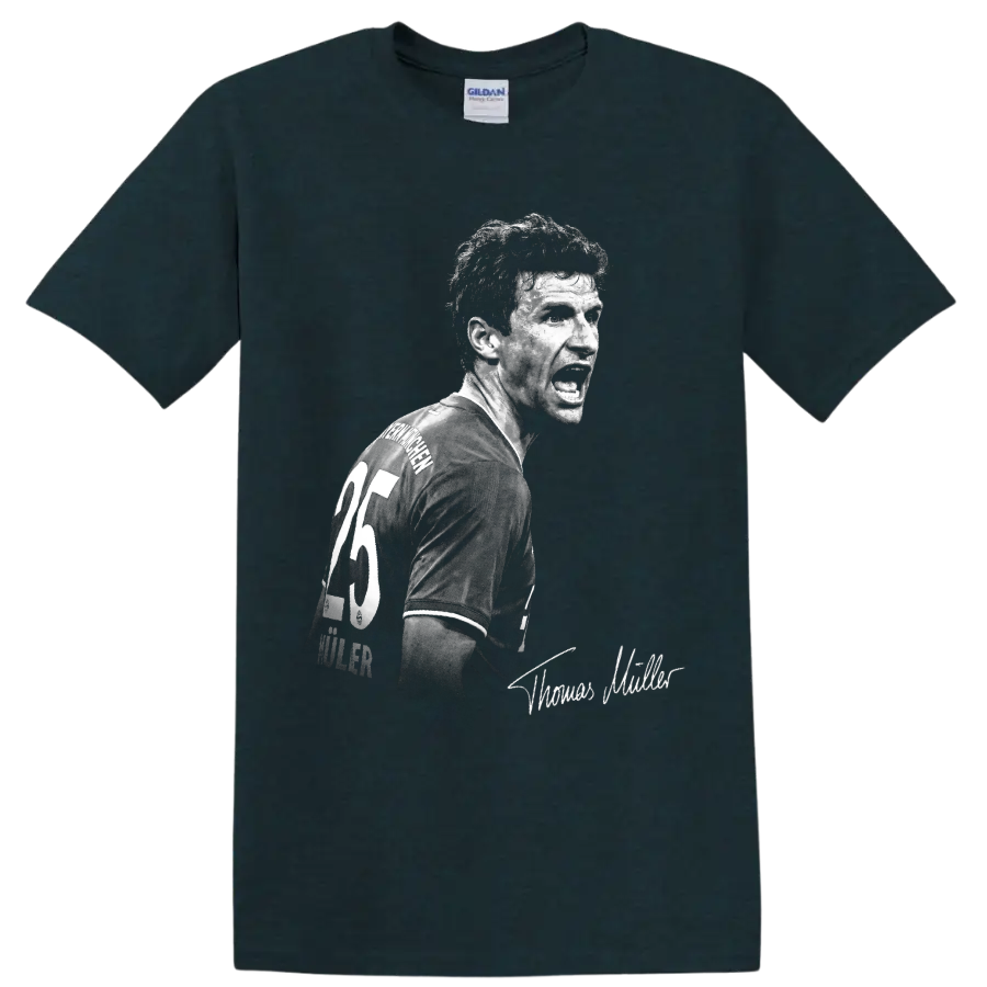 Thomas Müller black-and-white soccer portrait with number 25 jersey and signature detail on a Midnight (Green) T Shirt