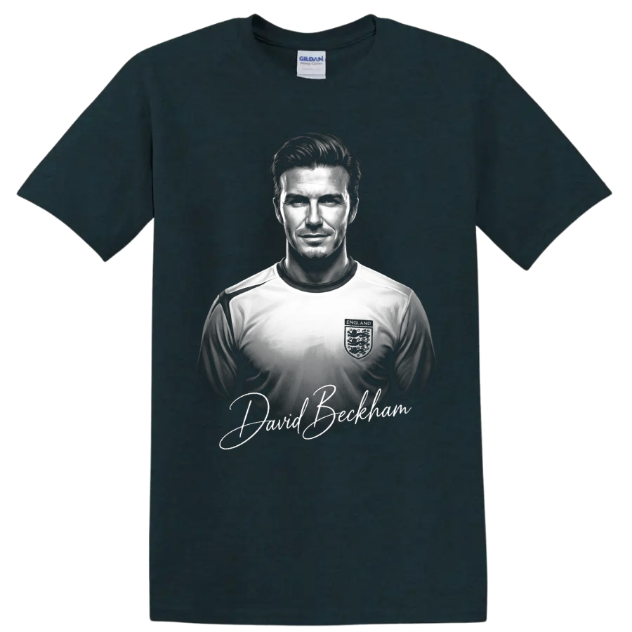 David Beckham England soccer portrait with signature-style lettering on a Midnight (Green) T Shirt