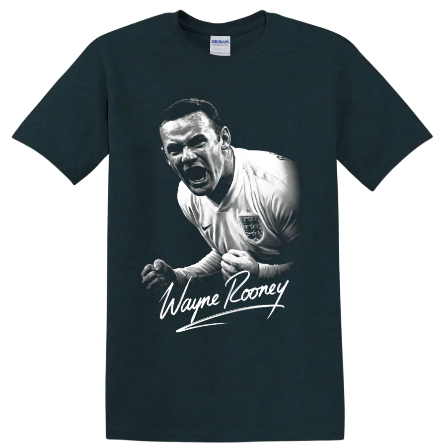 Wayne Rooney England soccer player monochrome portrait with signature-style lettering on a Midnight (Green) T Shirt