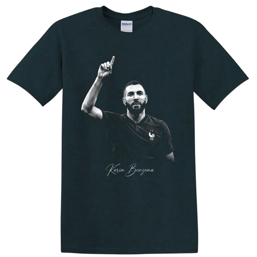 Karim Benzema France soccer portrait with raised finger and signature-style lettering on a Midnight (Green) T Shirt