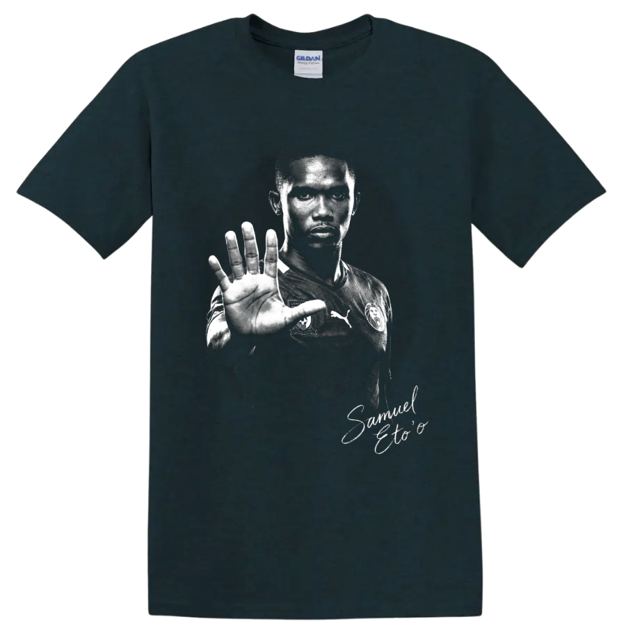 Samuel Eto'o Cameroon soccer portrait in dramatic distressed black-and-white style on a Midnight (Green) T Shirt
