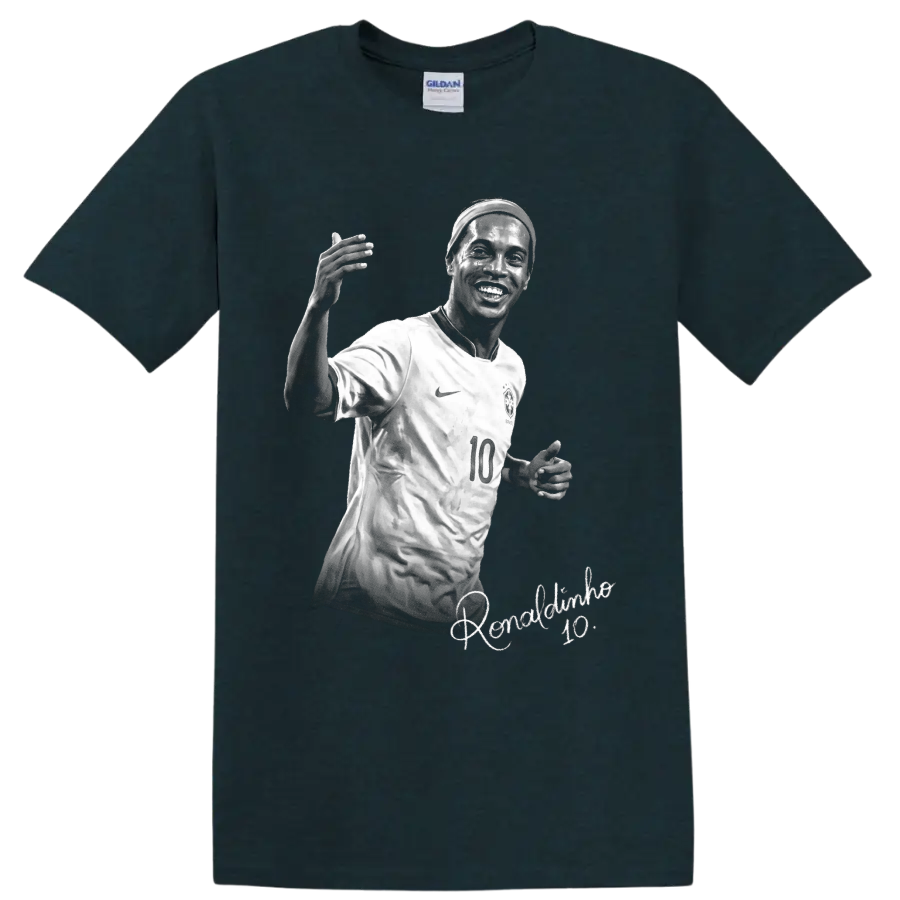 Ronaldinho in Brazil number 10 jersey, monochrome soccer portrait with signature script on a Midnight (Green) T Shirt