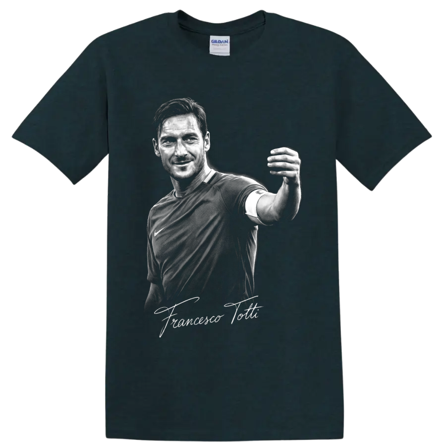 Francesco Totti monochrome soccer portrait with signature-style lettering on a Midnight (Green) T Shirt