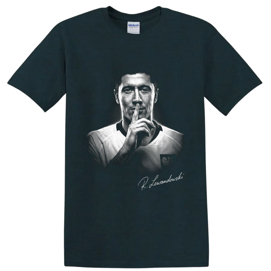 Robert Lewandowski Poland soccer shushing portrait in dramatic monochrome style on a Midnight (Green) T Shirt