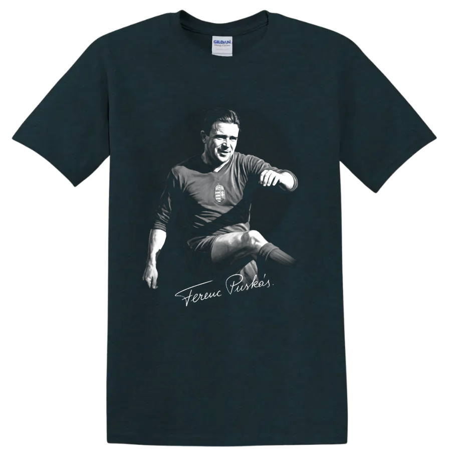 Ferenc Puskás monochrome soccer action portrait with signature-style lettering on a Midnight (Green) T Shirt