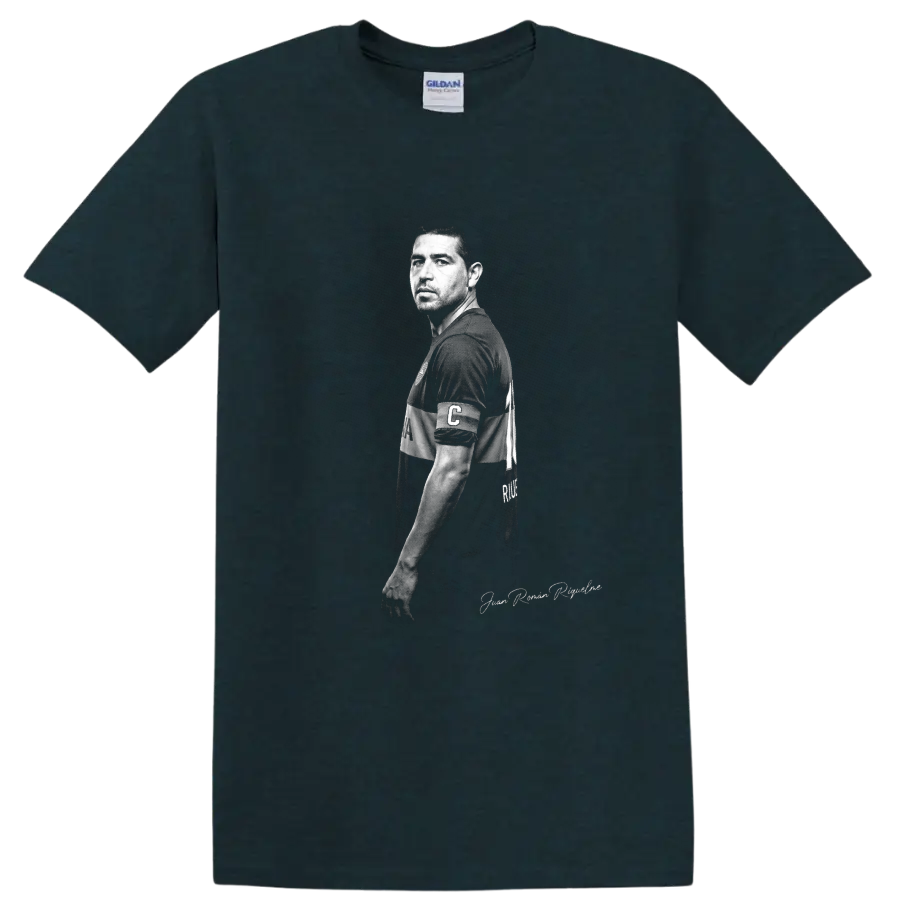 Juan Román Riquelme monochrome soccer portrait with captain’s armband on a Midnight (Green) T Shirt