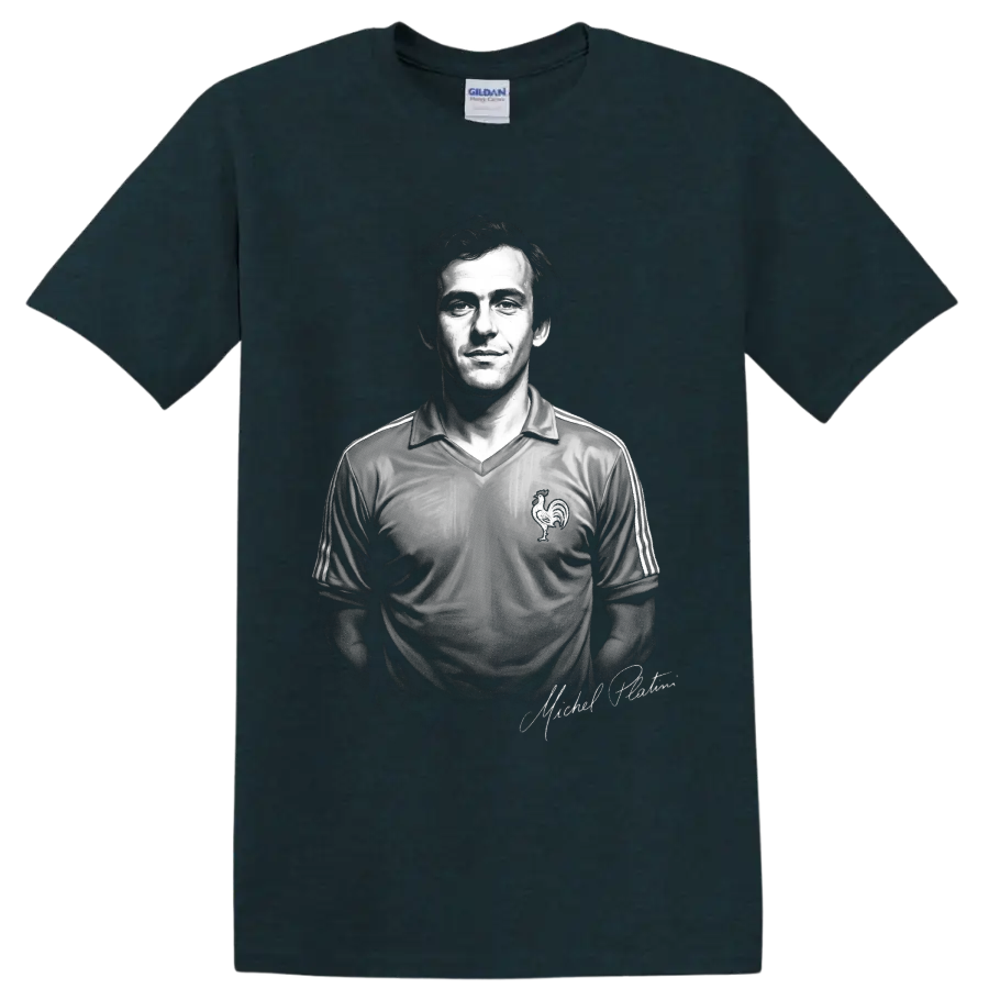 Michel Platini black-and-white France soccer jersey portrait with signature detail on a Midnight (Green) T Shirt
