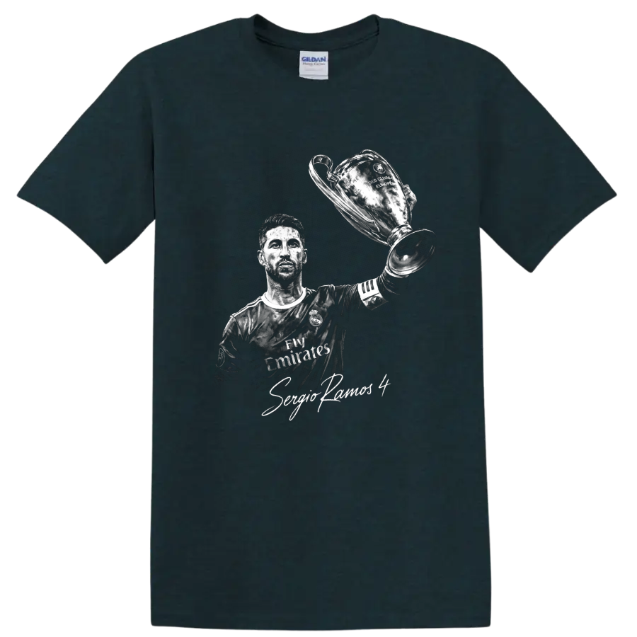 Sergio Ramos monochrome portrait raising a European trophy with signature-style text on a Midnight (Green) T Shirt