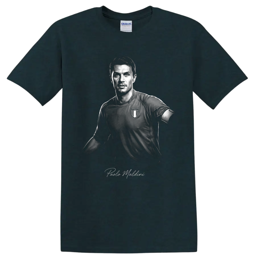 Paolo Maldini monochrome Italy soccer portrait with signature-style name lettering on a Midnight (Green) T Shirt