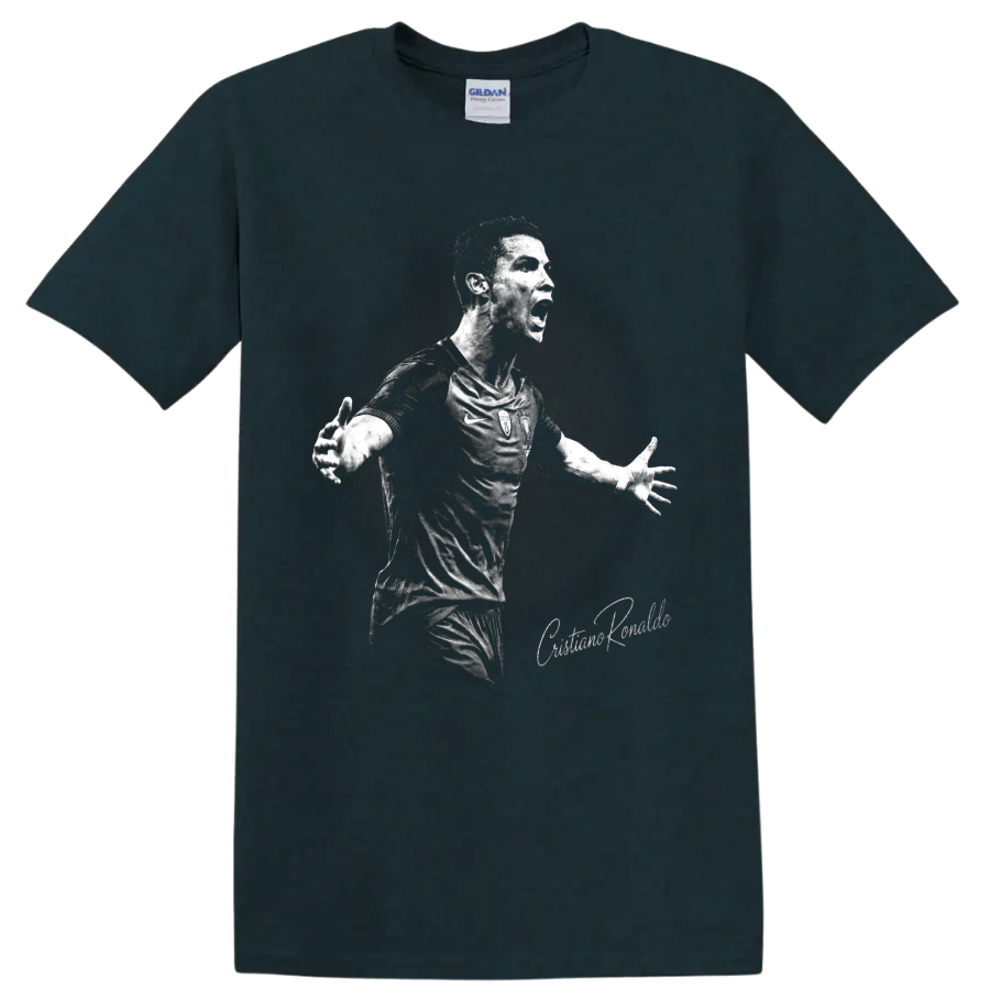 Cristiano Ronaldo celebrating in a distressed black-and-white soccer portrait on a Midnight (Green) T Shirt