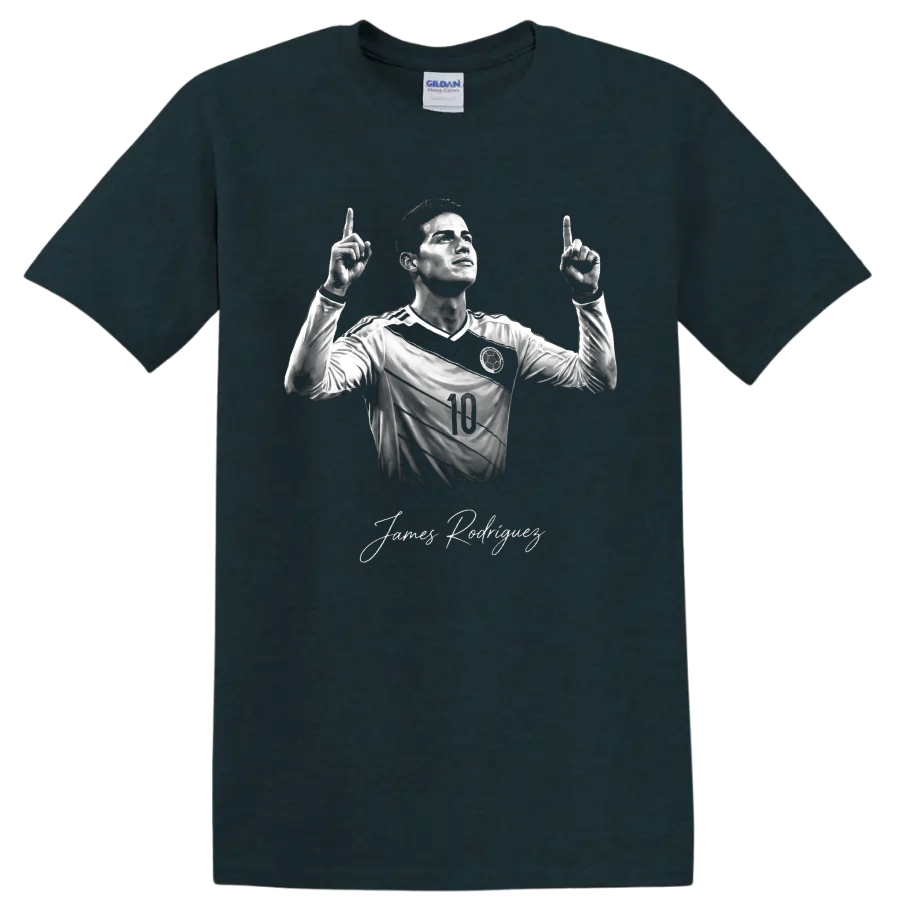 James Rodríguez monochrome number 10 soccer portrait with signature-style name on a Midnight (Green) T Shirt