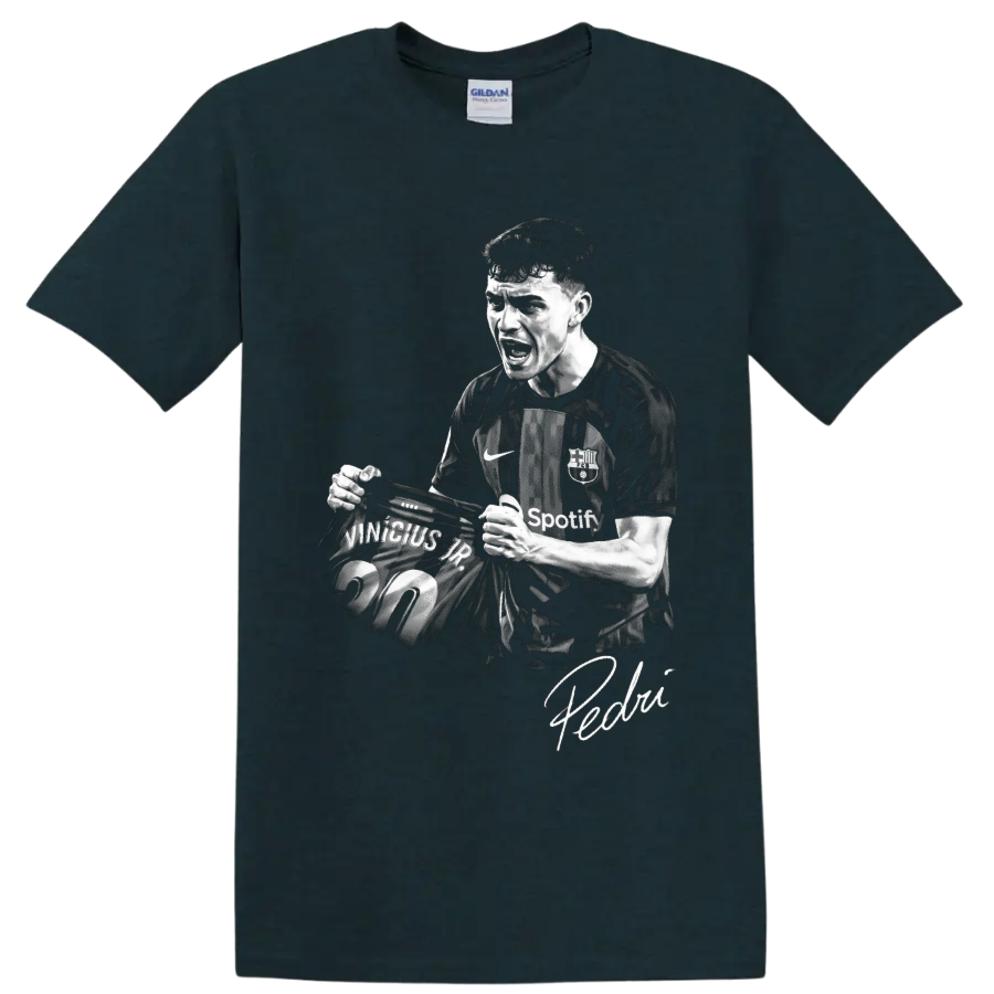Pedri FC Barcelona soccer celebration portrait with number 20 jersey and signature on a Midnight (Green) T Shirt