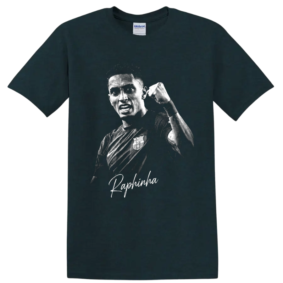 Raphinha raised-fist grayscale soccer portrait with signature-style name lettering on a Midnight (Green) T Shirt