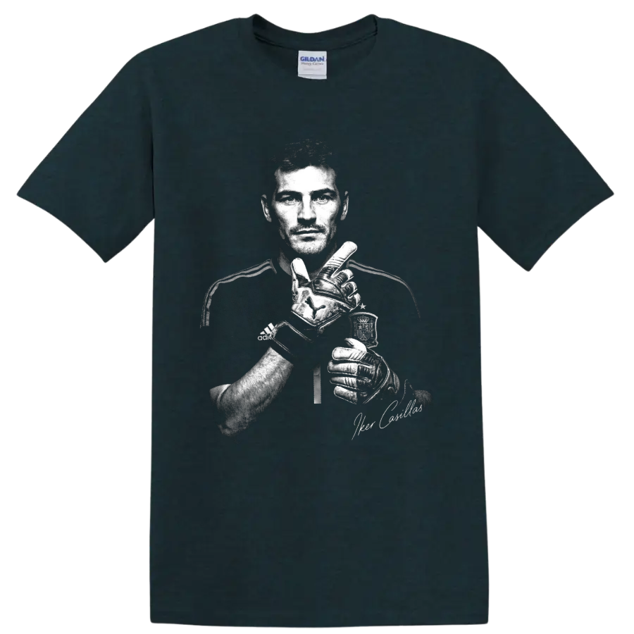 Iker Casillas monochrome goalkeeper portrait with gloves and signature-style accent on a Midnight (Green) T Shirt