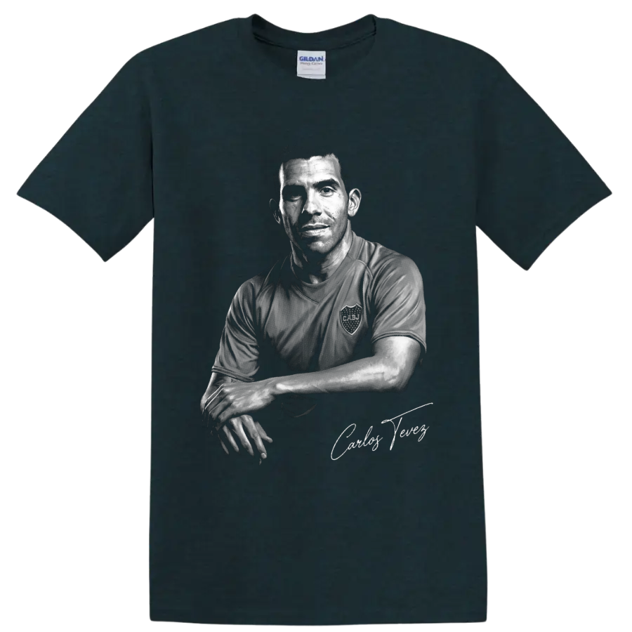 Carlos Tevez grayscale soccer portrait with signature-style text on a Midnight (Green) T Shirt