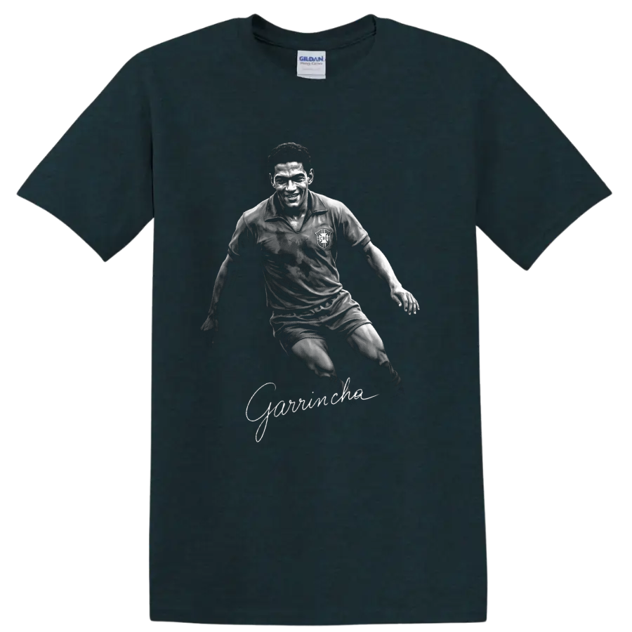 Garrincha dribbling soccer portrait in textured black-and-white vintage sports art on a Midnight (Green) T Shirt