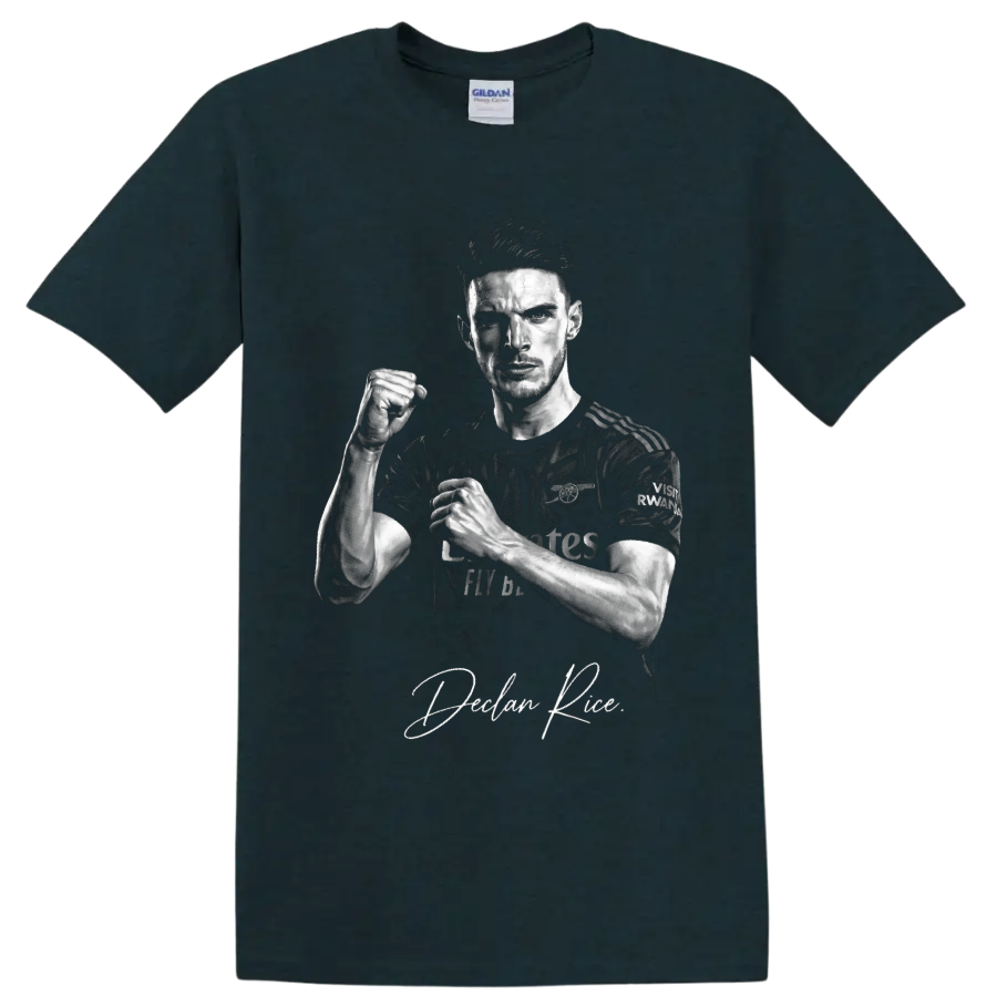 Declan Rice Arsenal soccer portrait with raised fist and signature-style text on a Midnight (Green) T Shirt