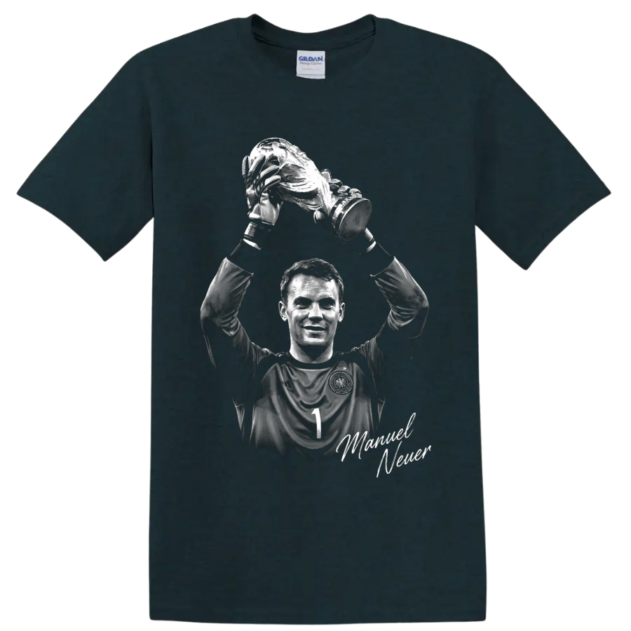 Manuel Neuer grayscale goalkeeper portrait raising a trophy with signature on a Midnight (Green) T Shirt