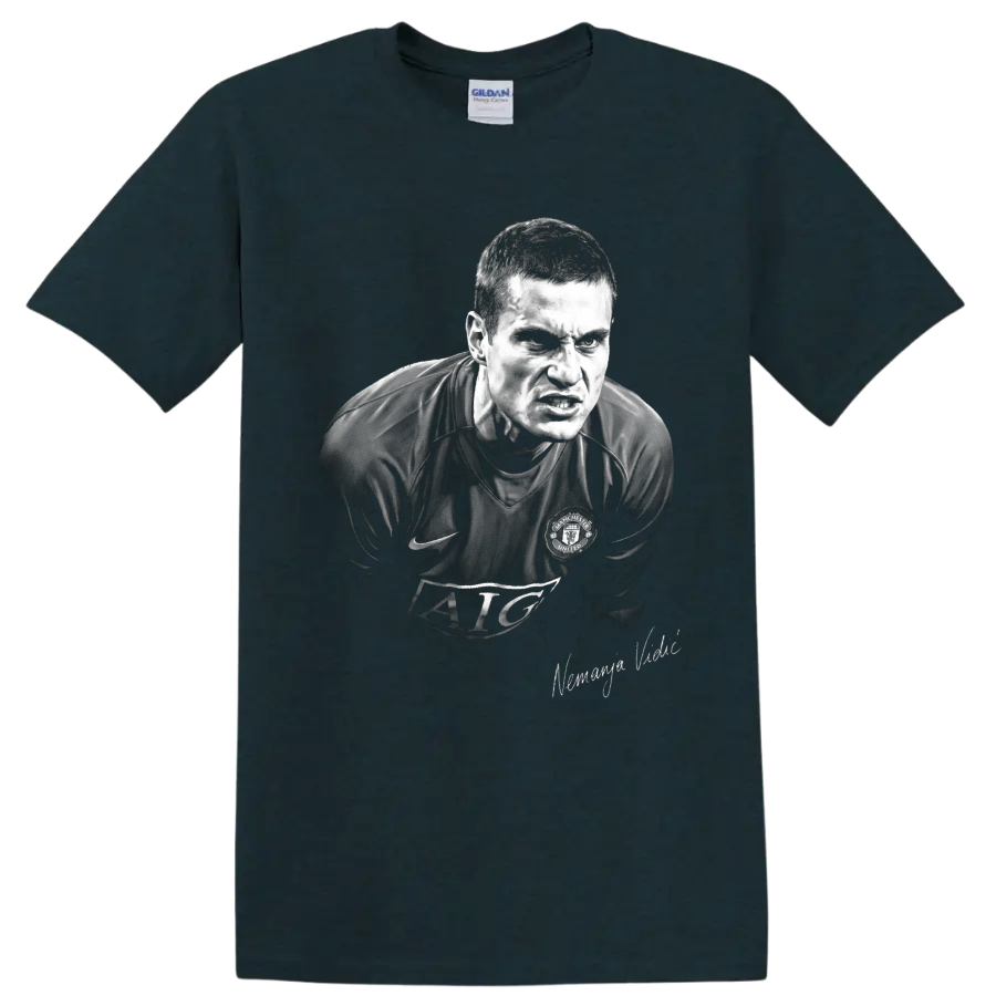 Nemanja Vidic Manchester United defender in intense monochrome portrait artwork on a Midnight (Green) T Shirt