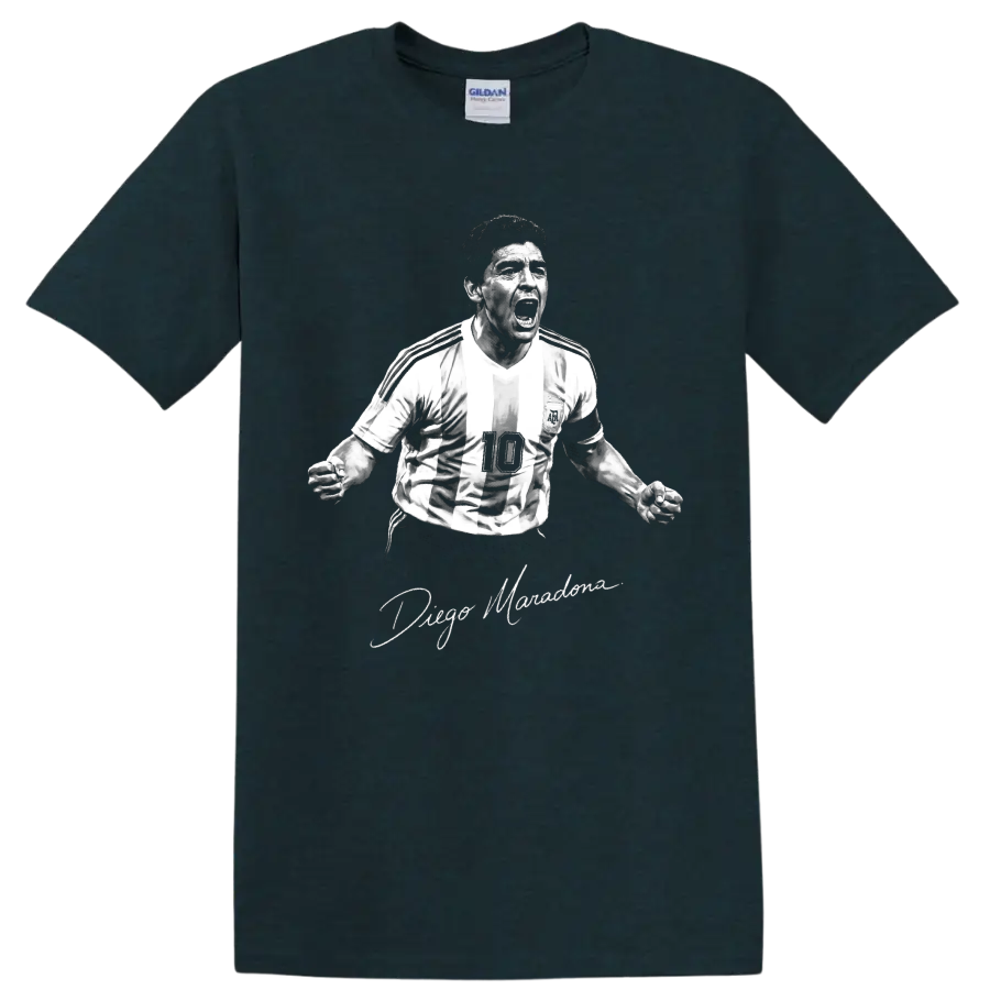 Diego Maradona roaring in a striped number 10 jersey, monochrome portrait and signature on a Midnight (Green) T Shirt