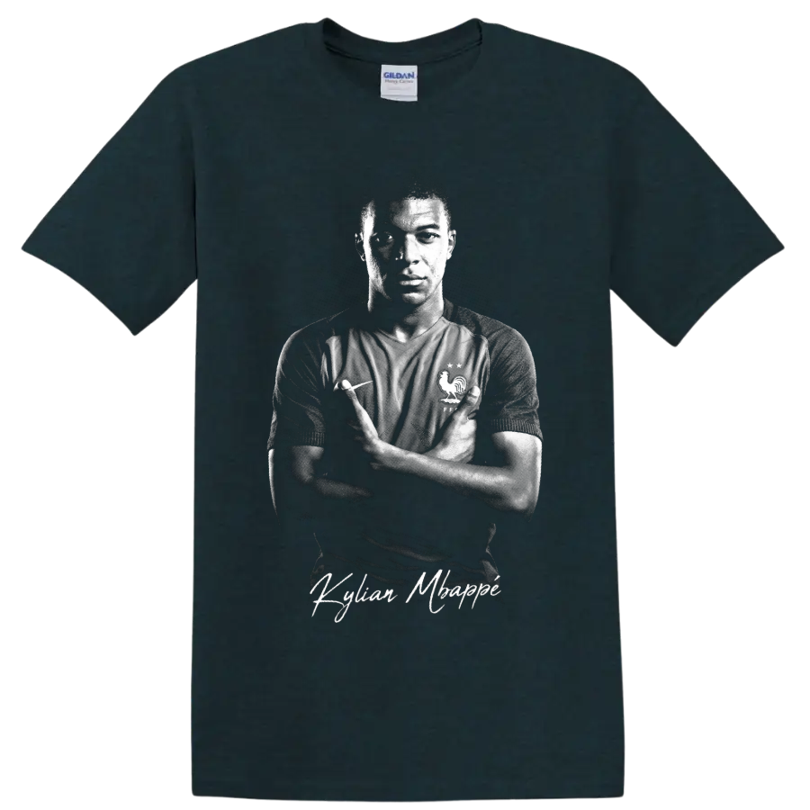 Kylian Mbappé France soccer portrait with dramatic monochrome lighting and signature text on a Midnight (Green) T Shirt
