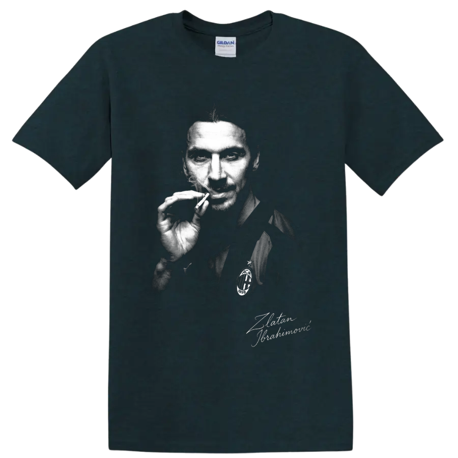 Zlatan Ibrahimović monochrome soccer portrait with smoke and signature-style lettering on a Midnight (Green) T Shirt
