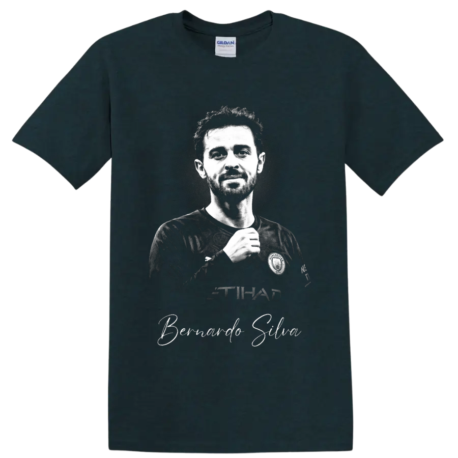 Bernardo Silva Manchester City monochrome soccer portrait with signature-style name on a Midnight (Green) T Shirt