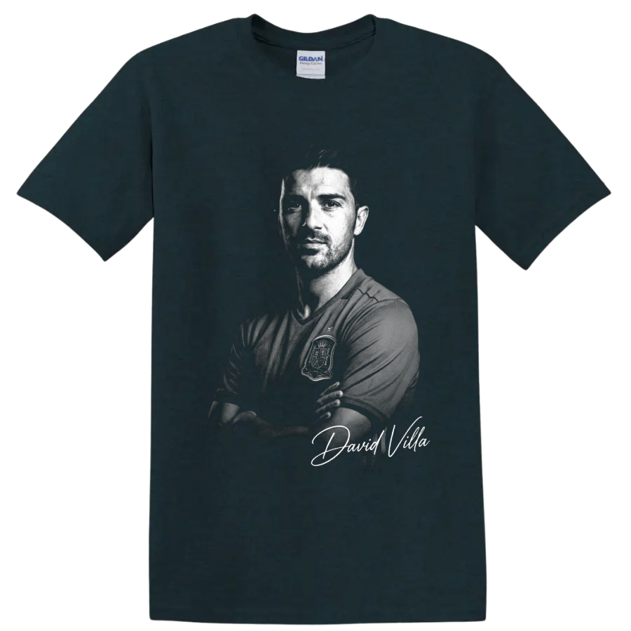 David Villa Spain soccer portrait in dramatic monochrome with signature-style lettering on a Midnight (Green) T Shirt