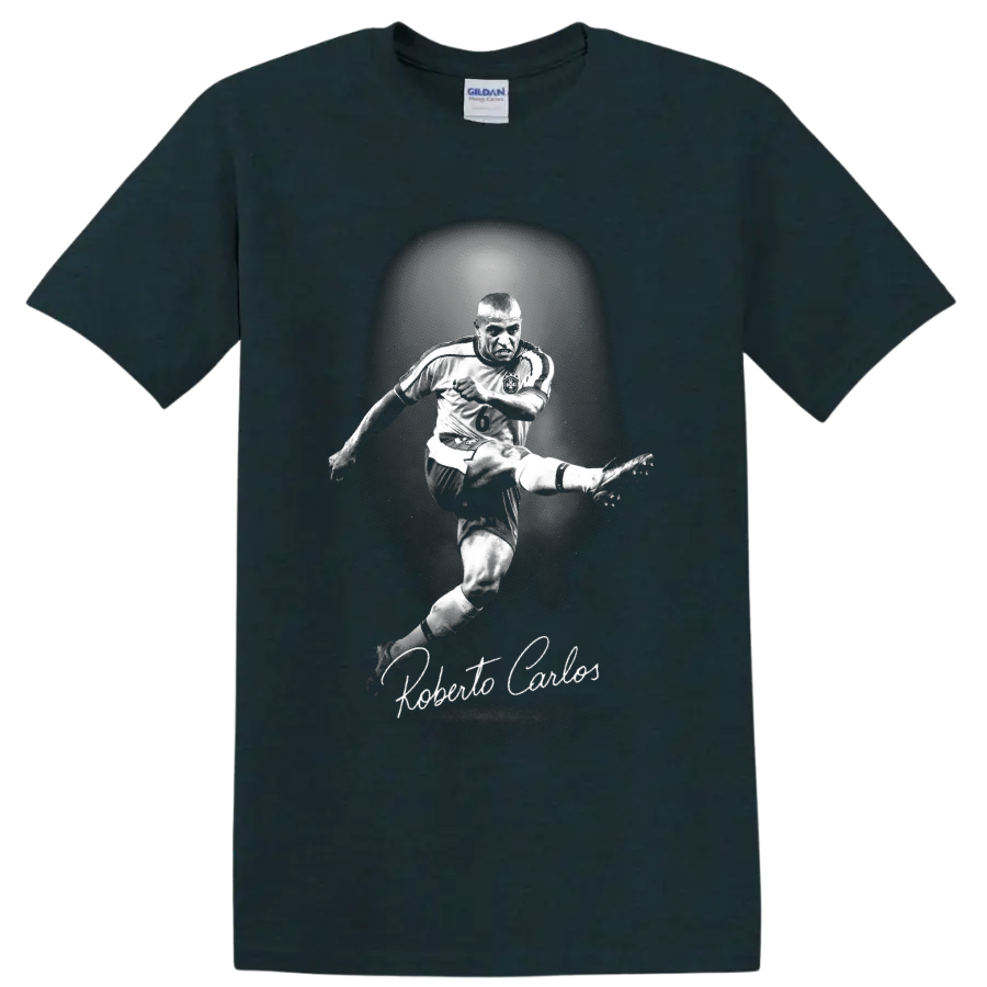 Roberto Carlos mid-kick soccer portrait with number 6 jersey and script signature on a Midnight (Green) T Shirt