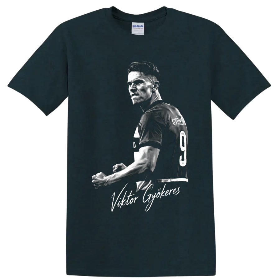 Viktor Gyökeres monochrome soccer portrait with number 9 jersey and script name on a Midnight (Green) T Shirt