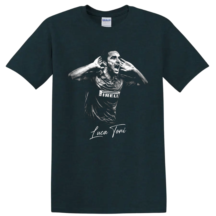 Luca Toni monochrome hands-to-ears soccer portrait with signature lettering on a Midnight (Green) T Shirt