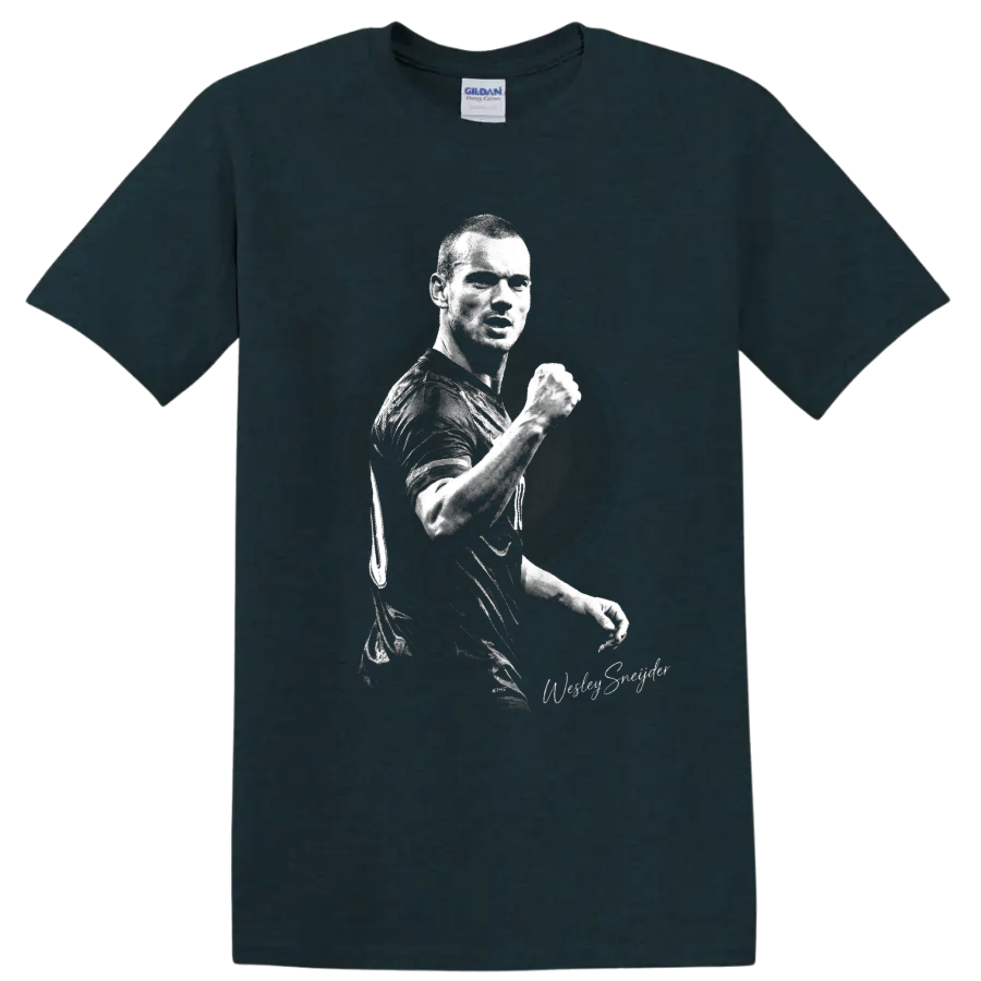 Wesley Sneijder raised-fist soccer portrait in gritty black-and-white style on a Midnight (Green) T Shirt