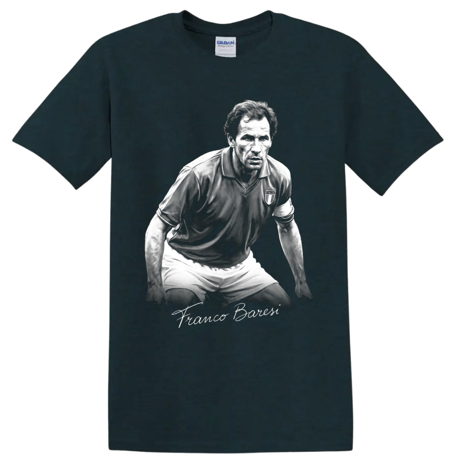 Franco Baresi grayscale soccer defender portrait with signature-style lettering on a Midnight (Green) T Shirt