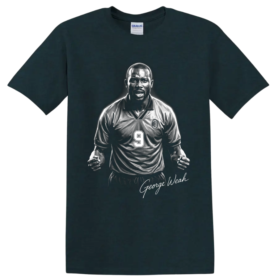 George Weah AC Milan number 9 monochrome soccer portrait with signature-style text on a Midnight (Green) T Shirt