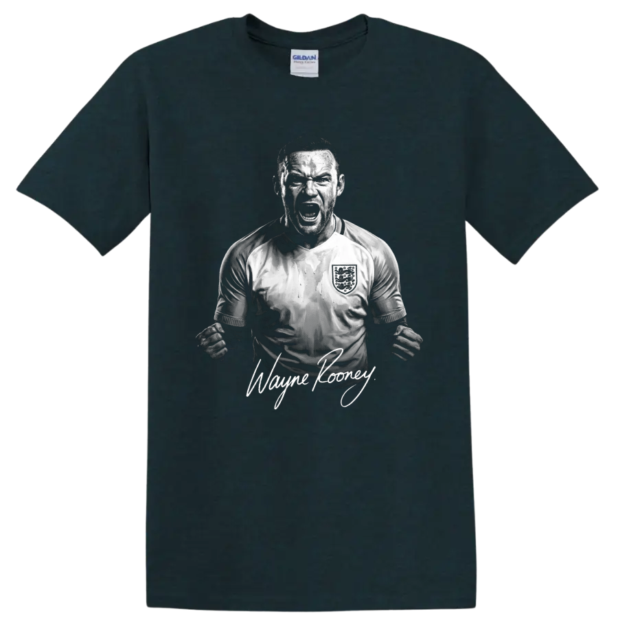 Wayne Rooney England soccer celebration portrait with signature-style name lettering on a Midnight (Green) T Shirt