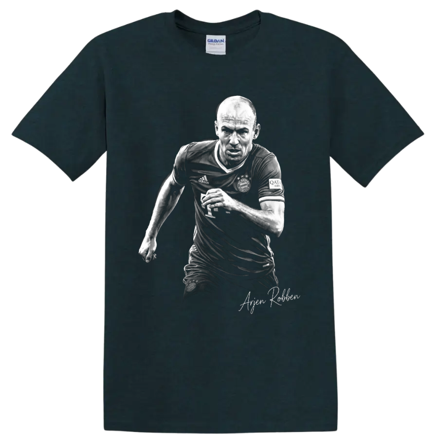Arjen Robben running soccer portrait in monochrome with signature-style name on a Midnight (Green) T Shirt