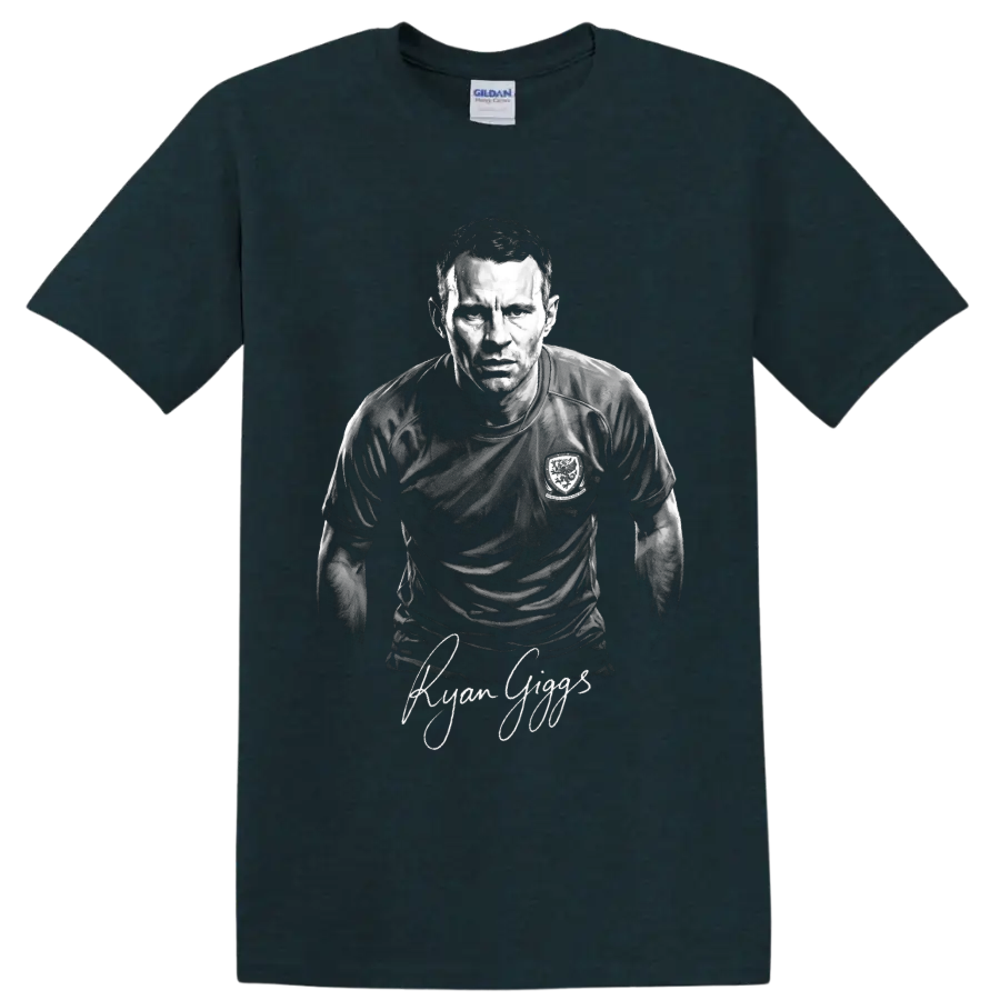 Ryan Giggs monochrome Welsh soccer player portrait with signature-style lettering on a Midnight (Green) T Shirt