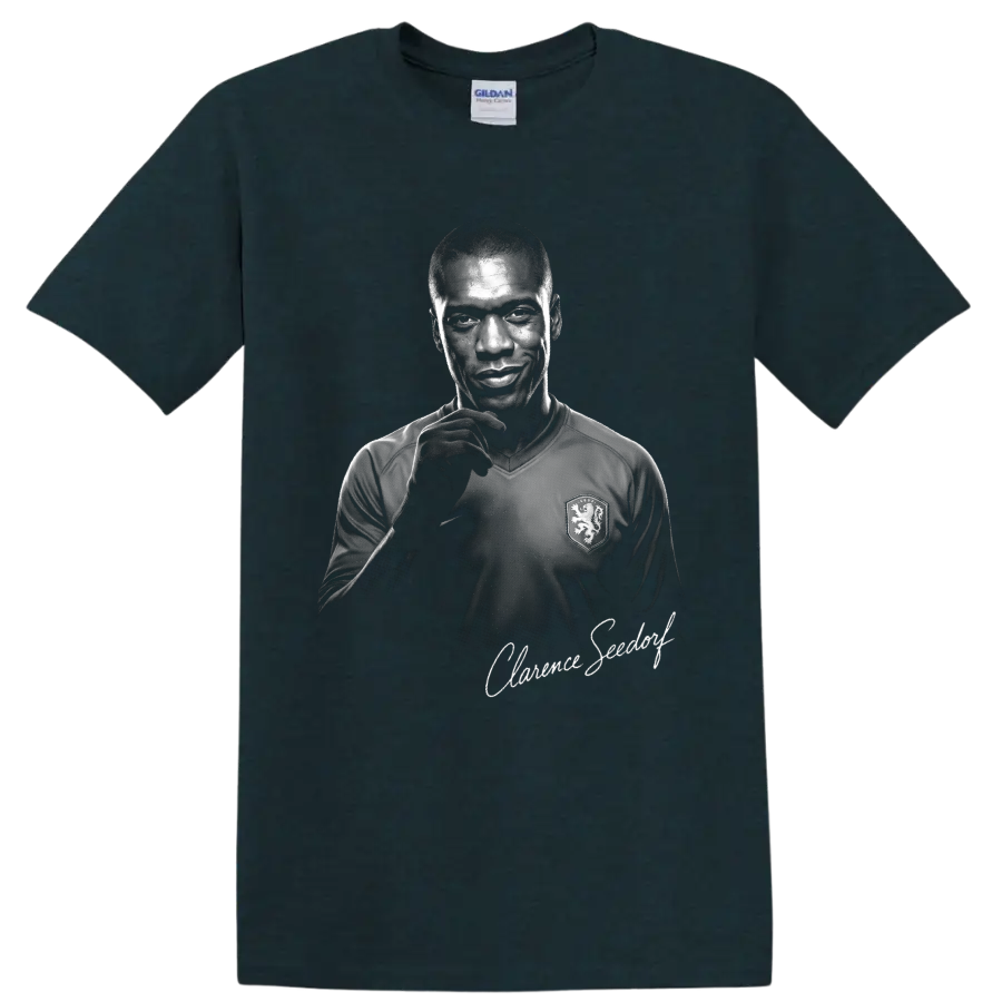 Clarence Seedorf Netherlands soccer portrait in high-contrast monochrome signature art on a Midnight (Green) T Shirt