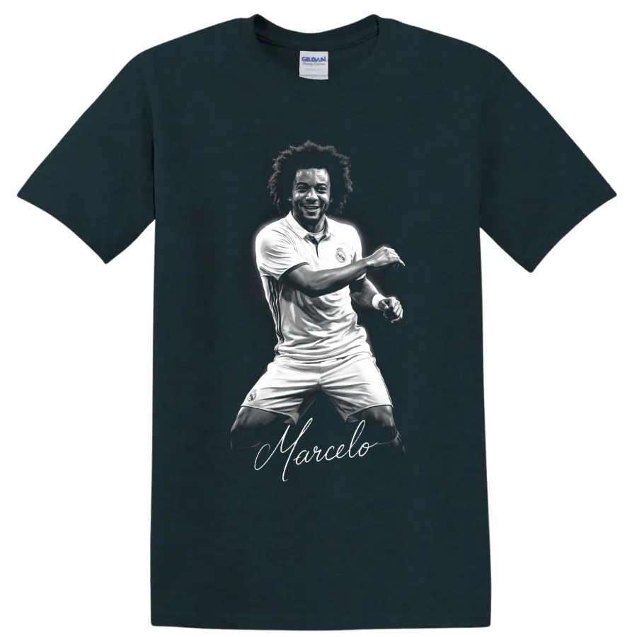 Marcelo Real Madrid soccer player monochrome portrait with signature-style Marcelo script on a Midnight (Green) T Shirt