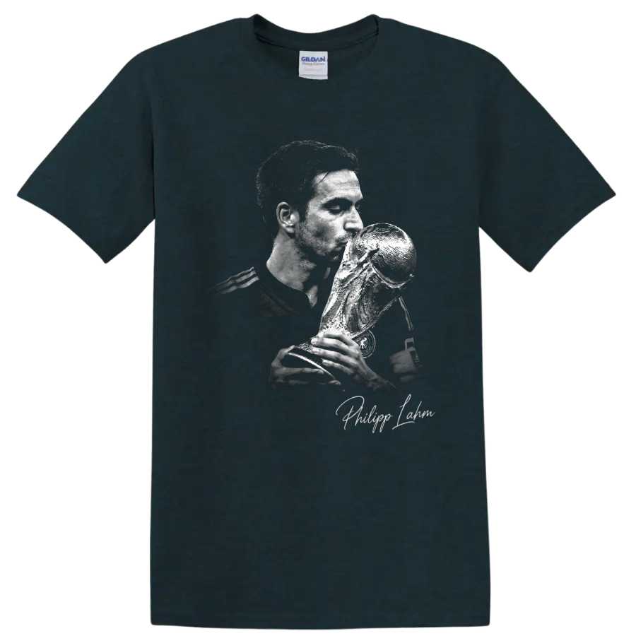 Philipp Lahm monochrome portrait kissing the World Cup trophy with signature text on a Midnight (Green) T Shirt