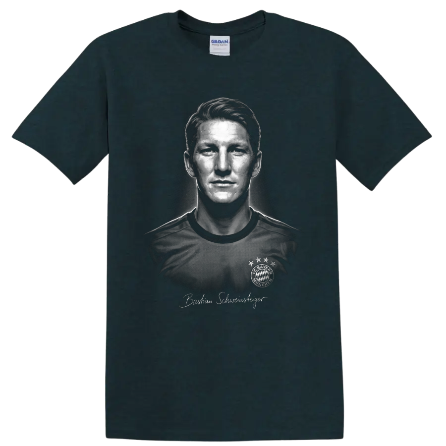 Bastian Schweinsteiger grayscale Bayern Munich soccer portrait with signature-style text on a Midnight (Green) T Shirt