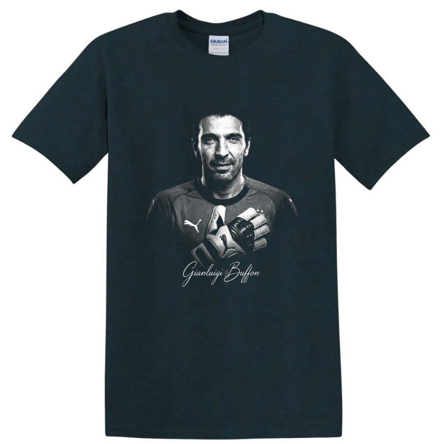 Gianluigi Buffon grayscale goalkeeper portrait with crossed gloves and signature lettering on a Midnight (Green) T Shirt