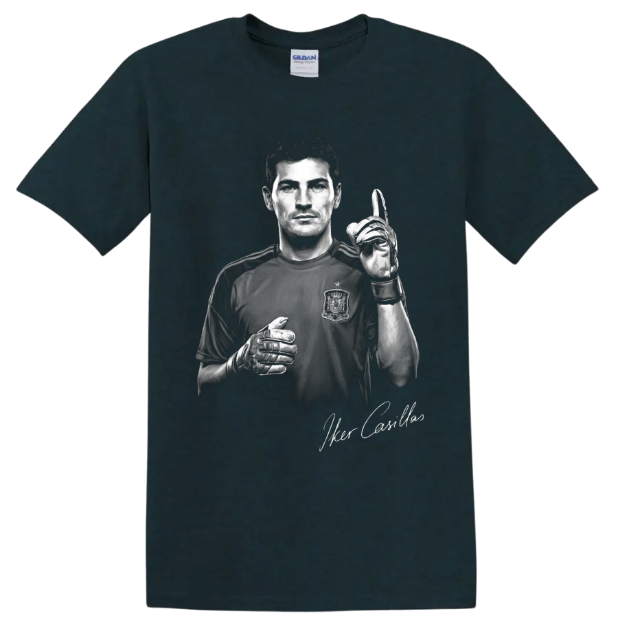 Iker Casillas grayscale goalkeeper portrait with gloves and signature-style lettering on a Midnight (Green) T Shirt
