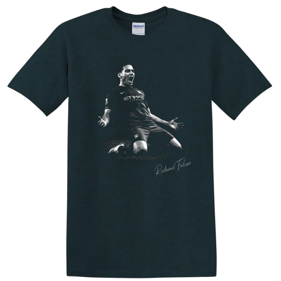 Radamel Falcao knee-slide soccer celebration in distressed black-and-white artwork on a Midnight (Green) T Shirt