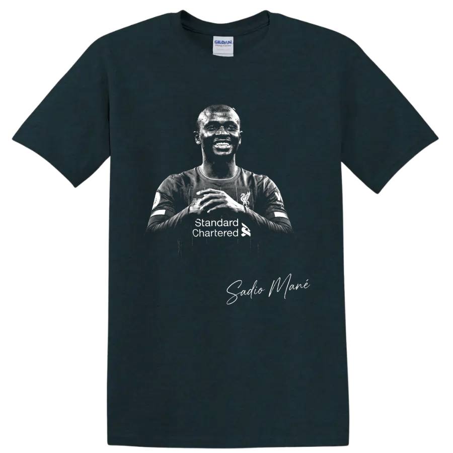 Sadio Mané Liverpool soccer portrait in high-contrast black-and-white with signature on a Midnight (Green) T Shirt