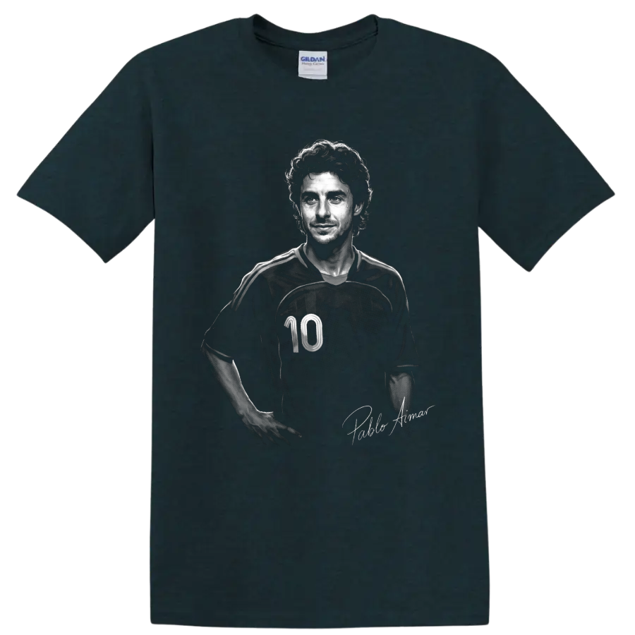 Pablo Aimar monochrome soccer portrait in number 10 jersey with signature-style text on a Midnight (Green) T Shirt