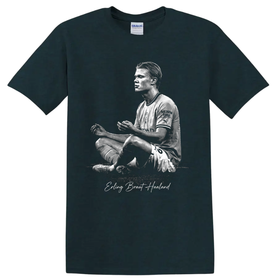 Erling Haaland grayscale seated soccer portrait with signature-style name text on a Midnight (Green) T Shirt