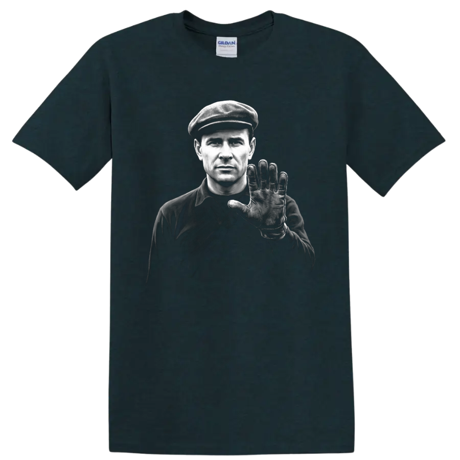 Lev Yashin monochrome goalkeeper portrait in cap with raised gloved hand on a Midnight (Green) T Shirt