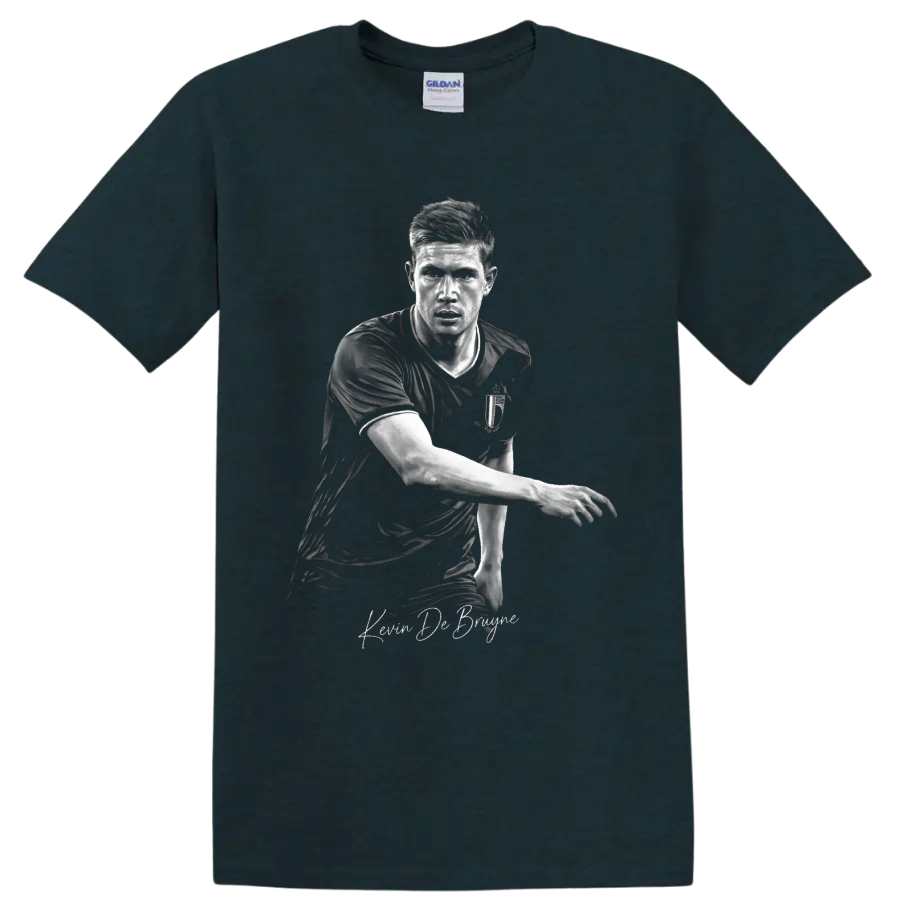Kevin De Bruyne monochrome Belgium soccer portrait with signature-style lettering on a Midnight (Green) T Shirt